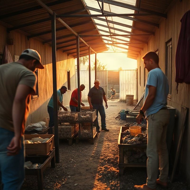 Trabajadores en una cooperativa rural del norte del Uruguay bajo la luz cálida de la tarde